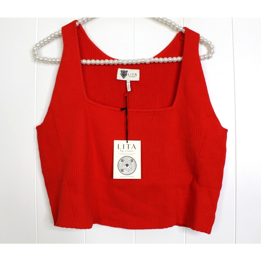LITA by Ciara Fiery Red Ribbed Knit Cropped Square Neck Tank Size XXL NWT